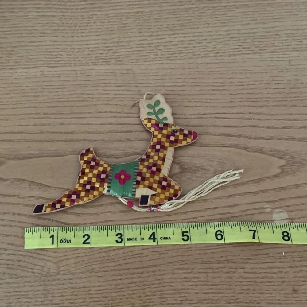 Vintage Woven Bamboo Reindeer Christmas Ornament With Tassel Handcrafted 5.5 In.